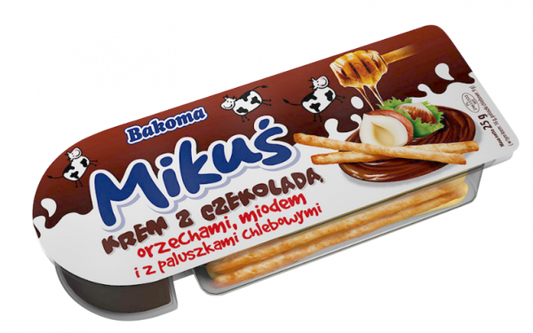 Krem do smarowania Mikuś z czekoladą orzechami miodem i paluszkami